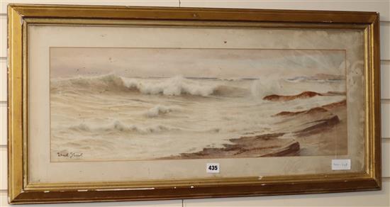 Ernest Stuart (Fl. 1889-1915) watercolour, Waves breaking on the shore, 26 x 74cm